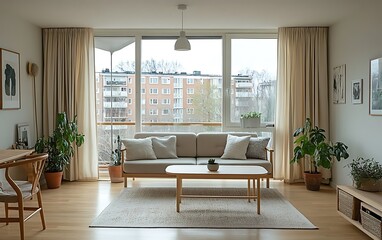 Fototapeta premium Modern living room with beige sofa, large windows, plants, and wooden floors.