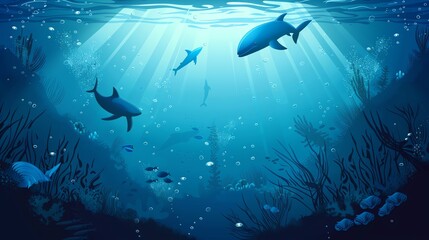 Fototapeta premium A cartoon illustration of an underwater scene with fish and coral reefs.