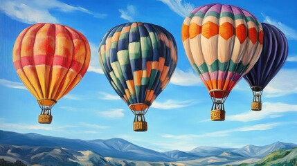 Fototapeta premium Colorful hot air balloons soar against a clear blue sky, creating an uplifting and vibrant scene.