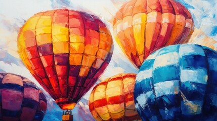 Fototapeta premium Vibrant hot air balloons in orange and blue hues soaring against a bright sky.