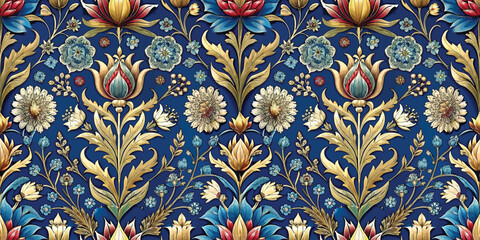 Vibrant floral pattern with intricate details on a rich blue background.