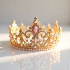 Stunning quinceanera crowns with intricate gold filigree, pearls, and pink gemstones, displayed on a glossy surface, illuminated by elegant lighting