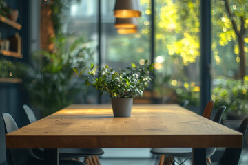 Fototapeta premium contemporary kitchen filled with lush greenery, creating a peaceful and relaxing atmosphere. The warm sunlight streaming through the window