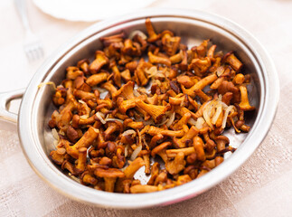 Traditional dishes of Eastern European cuisine. Fried chanterelles in pan