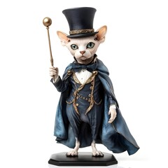 Naklejka premium A whimsical cat figurine dressed in a tuxedo and top hat, holding a cane.