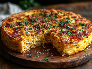 a baked dish with layers of golden Frittata di Spaghetti pasta, cheese, and bacon, garnished with parsley and grated cheese on top. A slice has been taken out of the dish