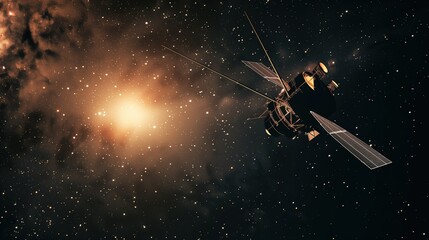 Naklejka premium A spacecraft in deep space, close-up view of its solar panels reflecting sunlight, with distant stars and galaxies blurred in the background.