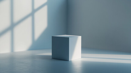 Fototapeta premium Minimalist design featuring a white cube in a sunlit room with shadows. 