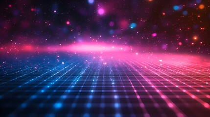 Obraz premium A vibrant digital landscape with glowing particles and a grid pattern.