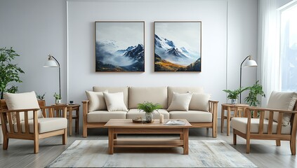 Modern living room with beige sofa, wooden armchairs, coffee table, and mountain landscape art.