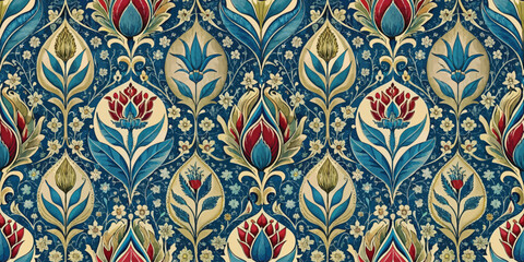Intricate floral pattern featuring vibrant blue and red designs on a dark background.