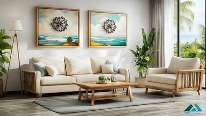 Modern living room with beige sofa, wooden coffee table, and ocean view.