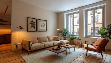 Fototapeta premium Modern living room with beige sofa, wooden floors, large windows, plants, and artwork.