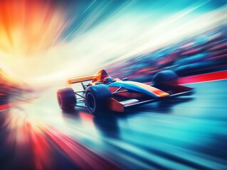 Obraz premium Formula 1 Car Speeds Around Track With Motion Blur and Vibrant Light Effects During High-Speed Motorsport Race at Sunset
