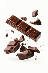 Delicious dark chocolate bar with flying shards, creating a dynamic and appetizing scene.