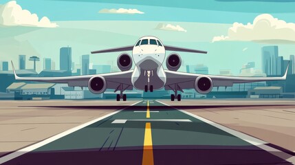 A sleek, stylized aircraft prepares for takeoff against a vibrant city skyline.