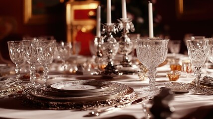 Elegant dinner setting luxurious dining room tableware photography romantic atmosphere close-up view fine dining experience