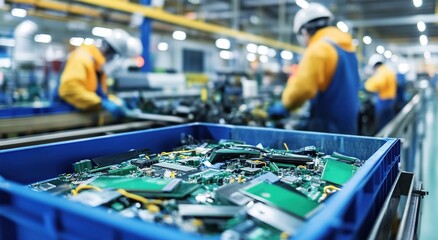 Obraz premium An advanced recycling facility with workers sorting electronic waste, including circuit boards and motherboards, on a conveyor belt