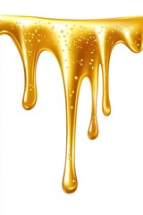 Golden honey dripping gracefully, showcasing its rich texture and vibrant color against a clean white background.
