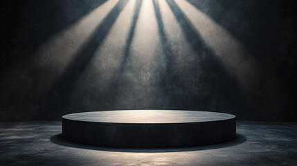 Spotlight shines on a circular stage in a dark, atmospheric environment. 