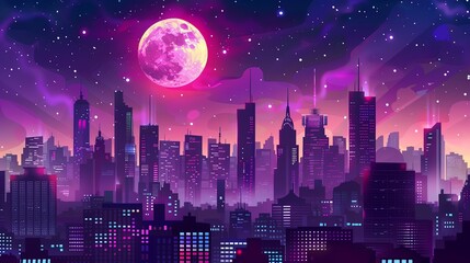 A colorful city skyline under a pink moon and starry sky.
