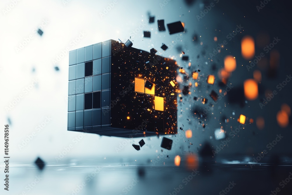 Aufkleber 3d visualization of interconnected blocks forming a cube and fragmenting on a digital background