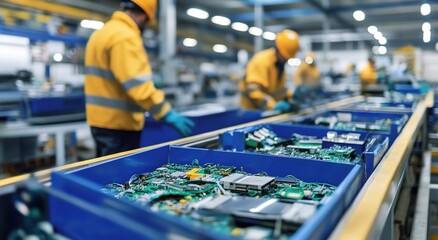 An advanced recycling facility with workers sorting electronic waste, including circuit boards and motherboards, on a conveyor belt