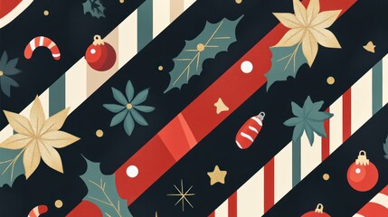 Obraz premium Christmas pattern with diagonal stripes, holly, ornaments, candy canes, and flowers.