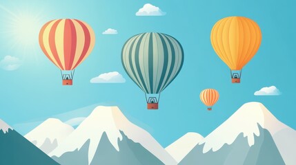 Obraz premium Colorful hot air balloons soaring over majestic snow-capped mountains under a clear blue sky.