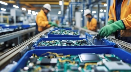 An advanced recycling facility with workers sorting electronic waste, including circuit boards and motherboards, on a conveyor belt