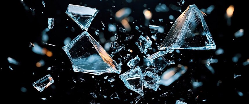 A close-up of shattered glass pieces floating in the air against a black background