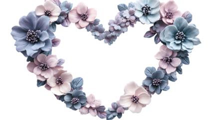 A floral heart-shaped frame with pastel flowers, isolated on white 