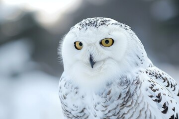 Obraz premium Majestic snowy owl with piercing yellow eyes and beautiful white plumage, perched against a blurred winter background