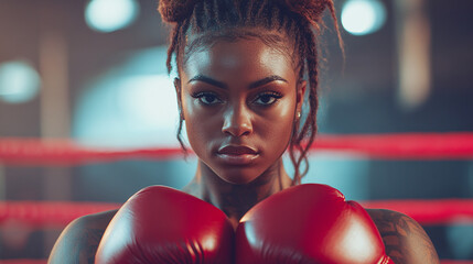 African american athletic woman boxer in gloves in boxing pose in ring