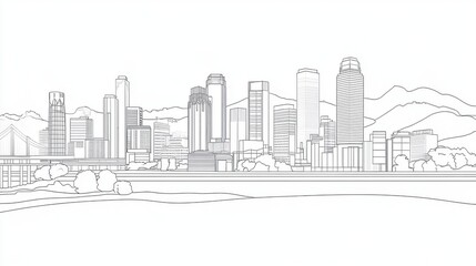 Obraz premium A sleek, minimalist line drawing of a modern city skyline showcasing tall skyscrapers and rolling mountains.
