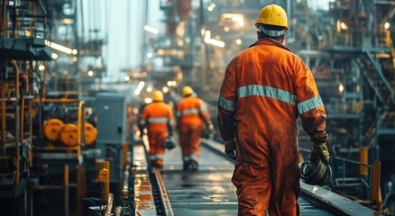 A group of workers in an oil and gas facility wearing orange overalls, yellow hard hats, and white safety boots are walking on the floor with equipment around them.