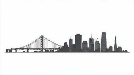 Naklejka premium Silhouette of a modern city skyline with a prominent bridge, showcasing urban architecture in black against a white background.