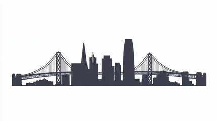 Obraz premium Silhouette of a city skyline featuring iconic bridges and skyscrapers against a minimalist background.