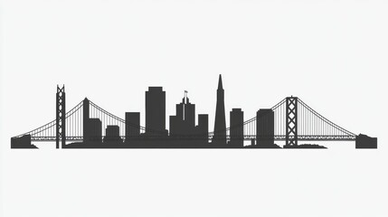 Silhouette of a vibrant city skyline featuring iconic bridges and skyscrapers against a light background.