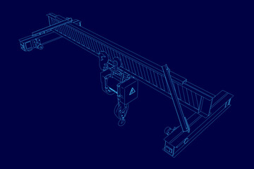 Contour of lifting stationary crane from blue lines isolated on blue background. 3D. Isometric view. Vector illustration