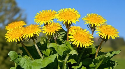Cluster of vibrant yellow dandelions blooming in a sunny field.