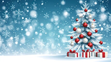 Christmas tree with red and white ornaments, gifts, and snowfall.