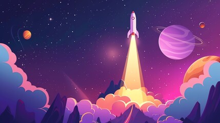 A cartoon rocket blasts off from a mountain range, heading towards a starry space with planets.