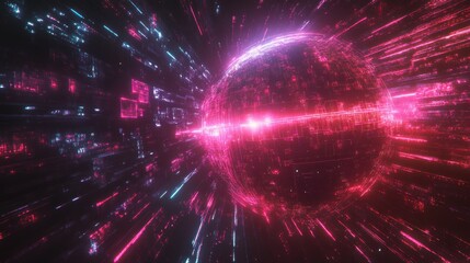 Naklejka premium High-speed data streams traveling across a glowing holographic globe 
