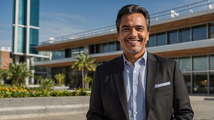 Fototapeta premium Confident Latin American Realtor Standing Outside Urban Building in Business Suit