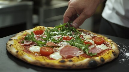 Preparing a delicious homemade pizza with fresh ingredients in a cozy kitchen captured in a close-up shot