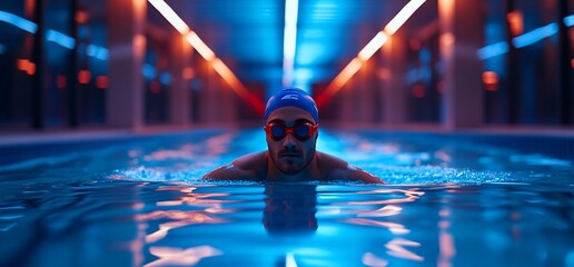 Man swimming in indoor pool at night.