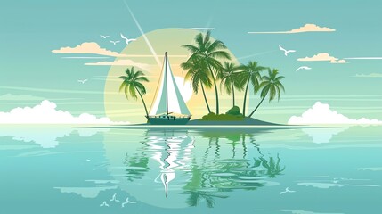 A cartoon tropical island scene with palm trees, a sailboat, and a sunset.