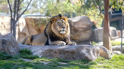 Majestic male lion resting on rocks in a sunny zoo enclosure.