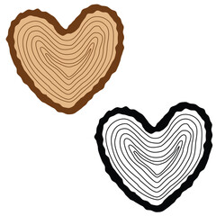 Heart shaped wood slice vector illustration. Tree rings illustration set design